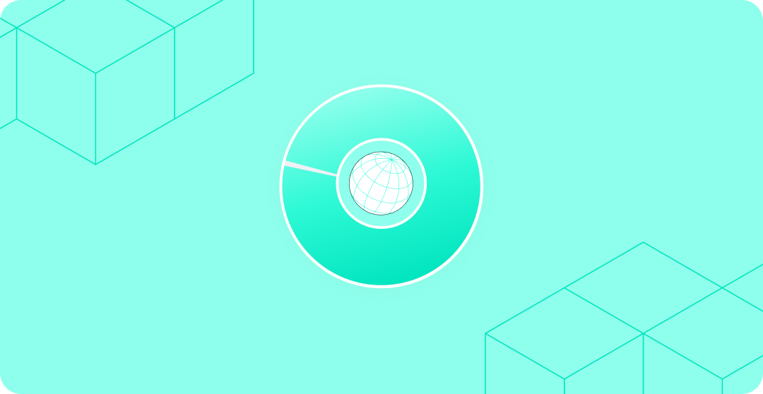 A product illustration showing a teal donut chart with a globe icon at its centre, set against a teal background with teal wireframe cube graphics.