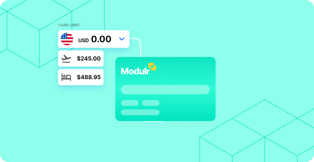 A product illustration showing a Modulr-branded teal payment card with a card limit dropdown set to USD 0.00, alongside spend category breakdowns showing a flight expense of $245.00 and an accommodation expense of $488.95, set against a teal background with teal wireframe cube graphics.