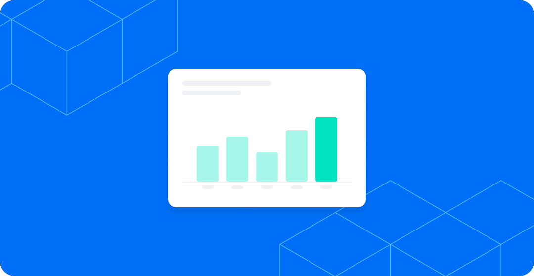 A dashboard showing a bar chart with five ascending bars, the tallest highlighted in bright teal, set against a blue background.