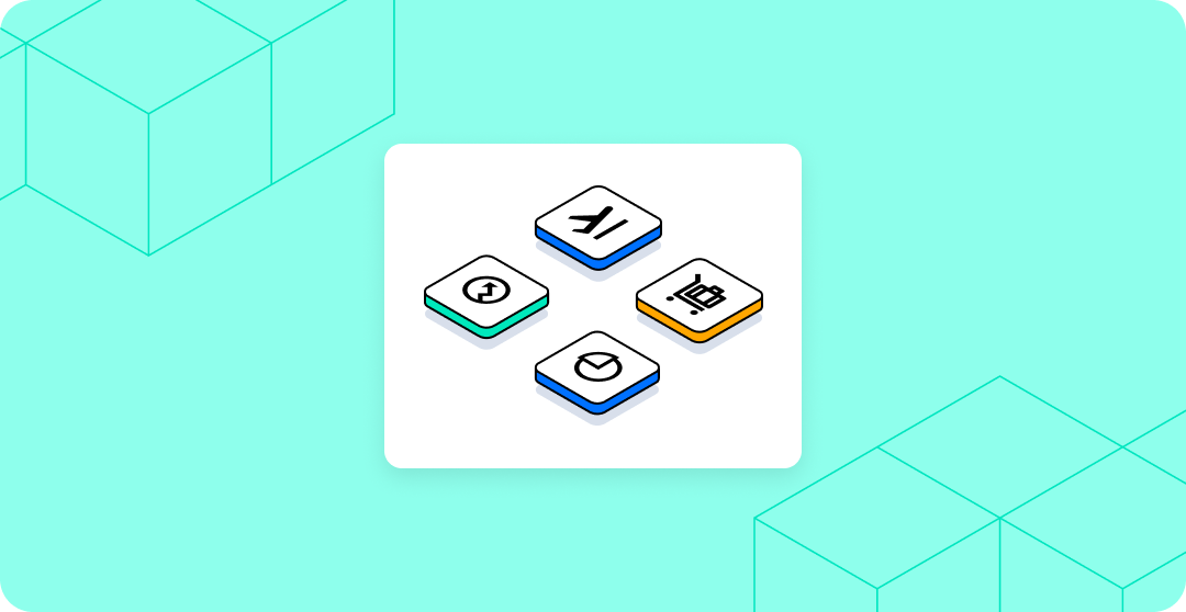 A product illustration showing four isometric card control icons: a flight icon with a blue base, a refresh/history icon with a teal base, a luggage/baggage icon with a yellow base, and a clock/time icon with a blue base, arranged in a diamond pattern on a white card, set against a teal background with teal wireframe cube graphics.