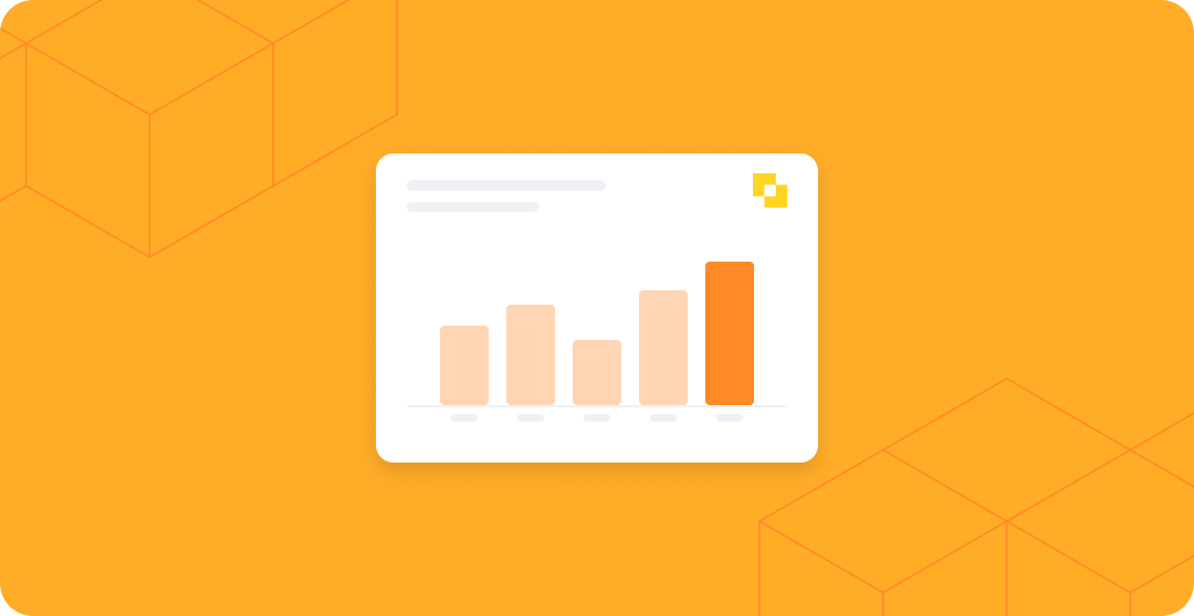 A product UI illustration showing a bar chart with five bars in ascending order, the tallest bar highlighted in orange and the rest in a lighter peach tone, with the Modulr logo in the top right corner, set against an orange background with orange wireframe cube graphics.