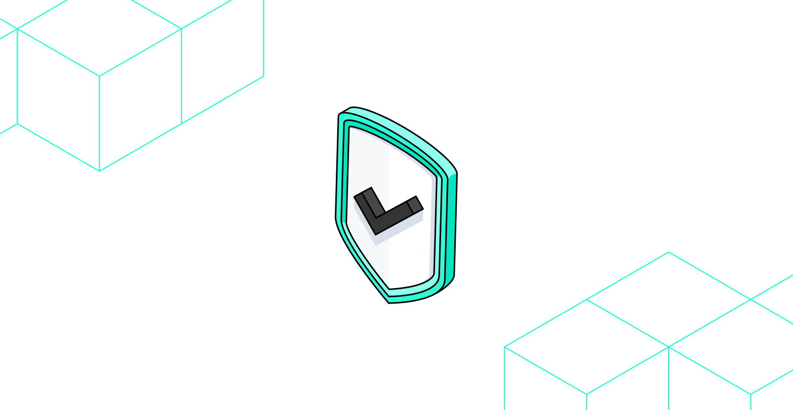 Isometric illustration of a teal security shield with a dark checkmark, surrounded by wireframe cube outlines in the corners, on a white background.