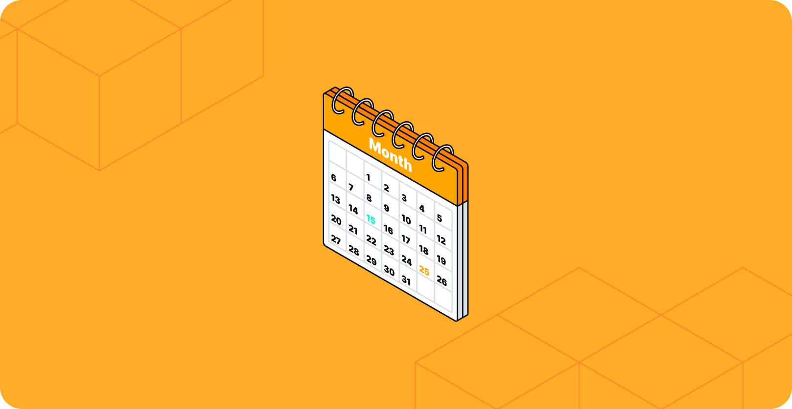 An isometric illustration of a spiral-bound monthly calendar with highlighted dates, set against an orange background with orange wireframe cube graphics.