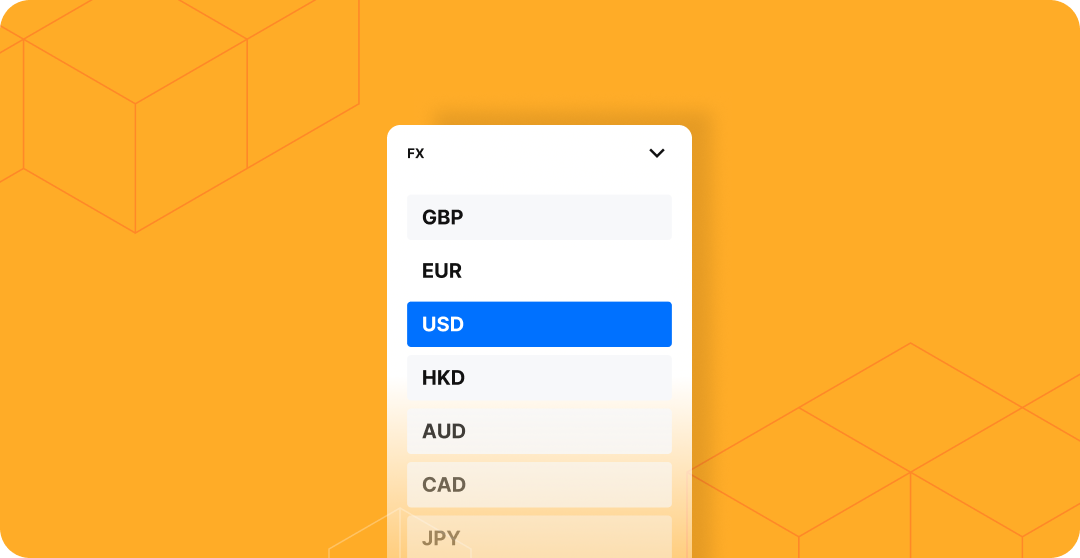 An FX currency selection dropdown with USD selected, listing GBP, EUR, USD, HKD, AUD, CAD, and JPY, set against an orange background.