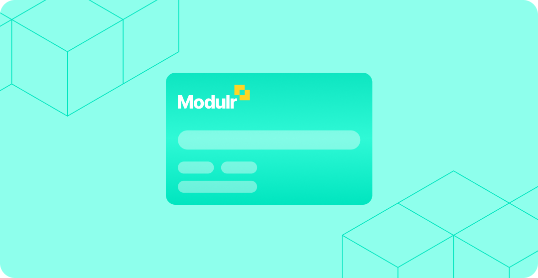 A product illustration showing a Modulr-branded payment card in teal with the Modulr logo and yellow icon in the top left, set against a teal background with teal wireframe cube graphics.