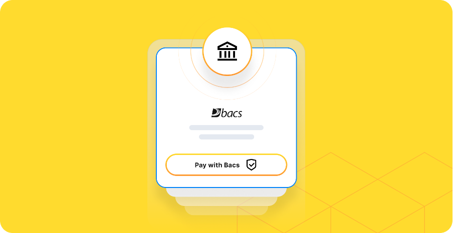 Illustrated payment interface showing the Bacs logo and a Pay with Bacs button, representing how Bacs payments appear within a digital payments flow.