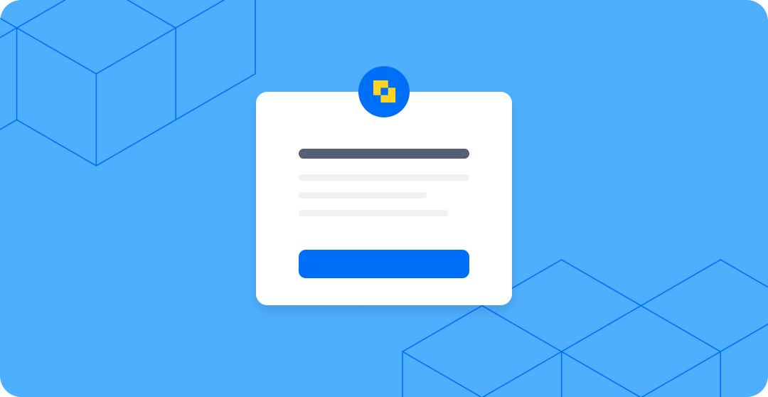 A product illustration showing a white notification or summary card with the Modulr logo at the top, placeholder text lines, and a blue call-to-action button, set against a blue background with blue wireframe cube graphics.