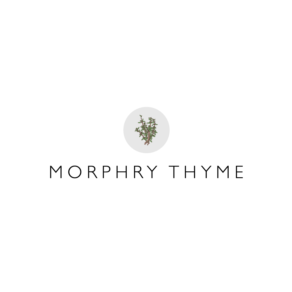 Morphry Thyme logo: a circular icon of a sprig of herbs above the business name in serif capital letters, on a light textured background.