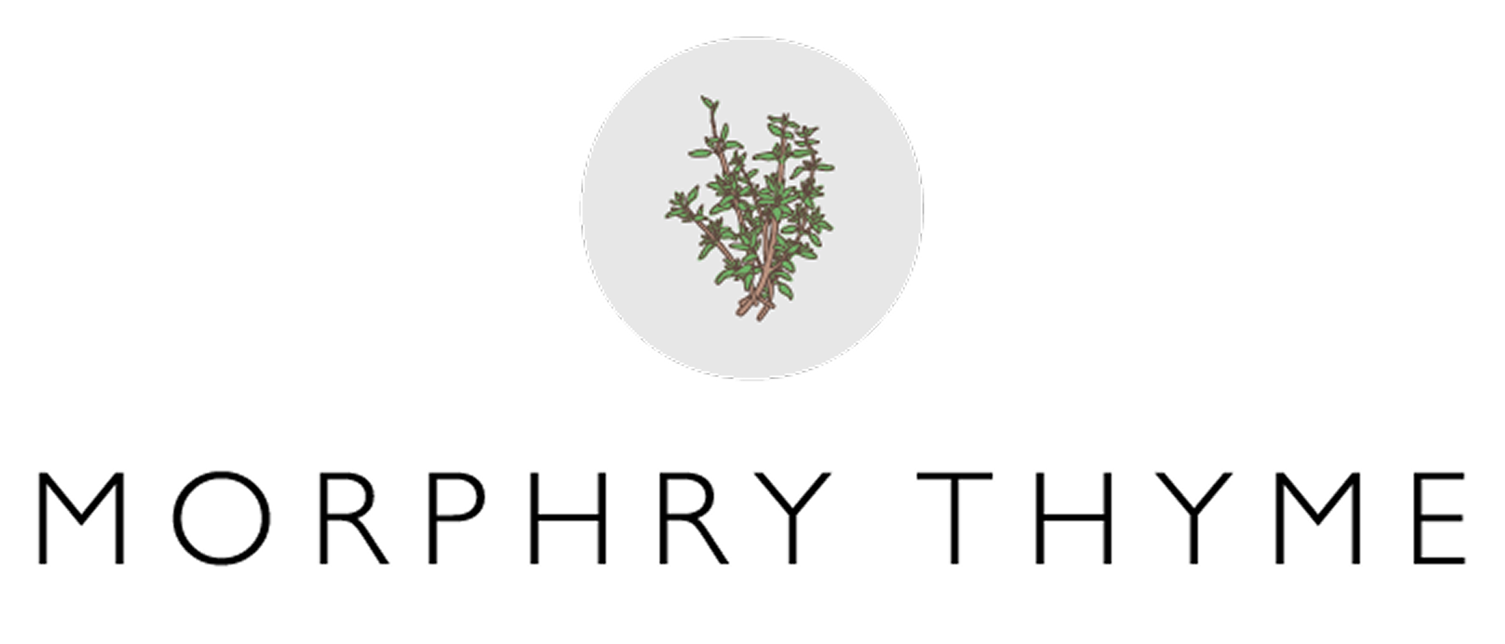 Morphry Thyme logo: a circular icon of a sprig of herbs above the business name in serif capital letters, on a light textured background.
